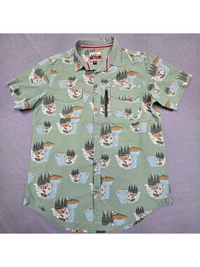 PRNTD by Polymer Mens Green Button-Up Shirt Forest Camping Short Sleeve L